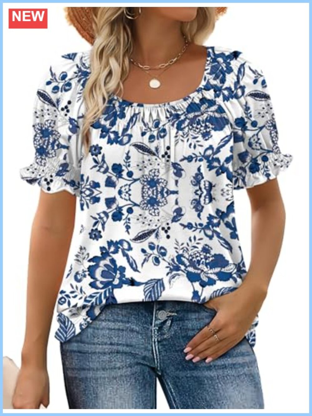Womens Square Neck Smocked Ruffle Sleeve Summer Blouse